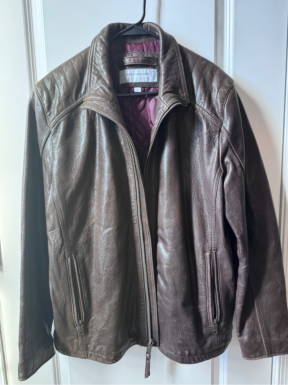 Andrew Marc Brown Leather Bomber Jacket with Burgundy Quilted Lining